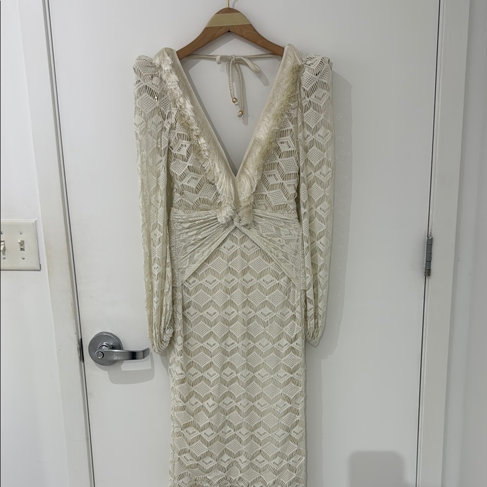 PatBO Long Sleeve Plunge Fringe Midi Dress - OFF White